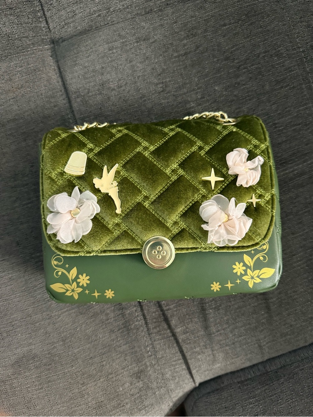TinkerBell Green Quilted Floral Accent Shoulder Bag